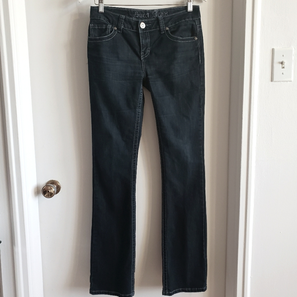 Sweet Jeans Dark Blue Diamond Detail Straight Leg Woman Size 28